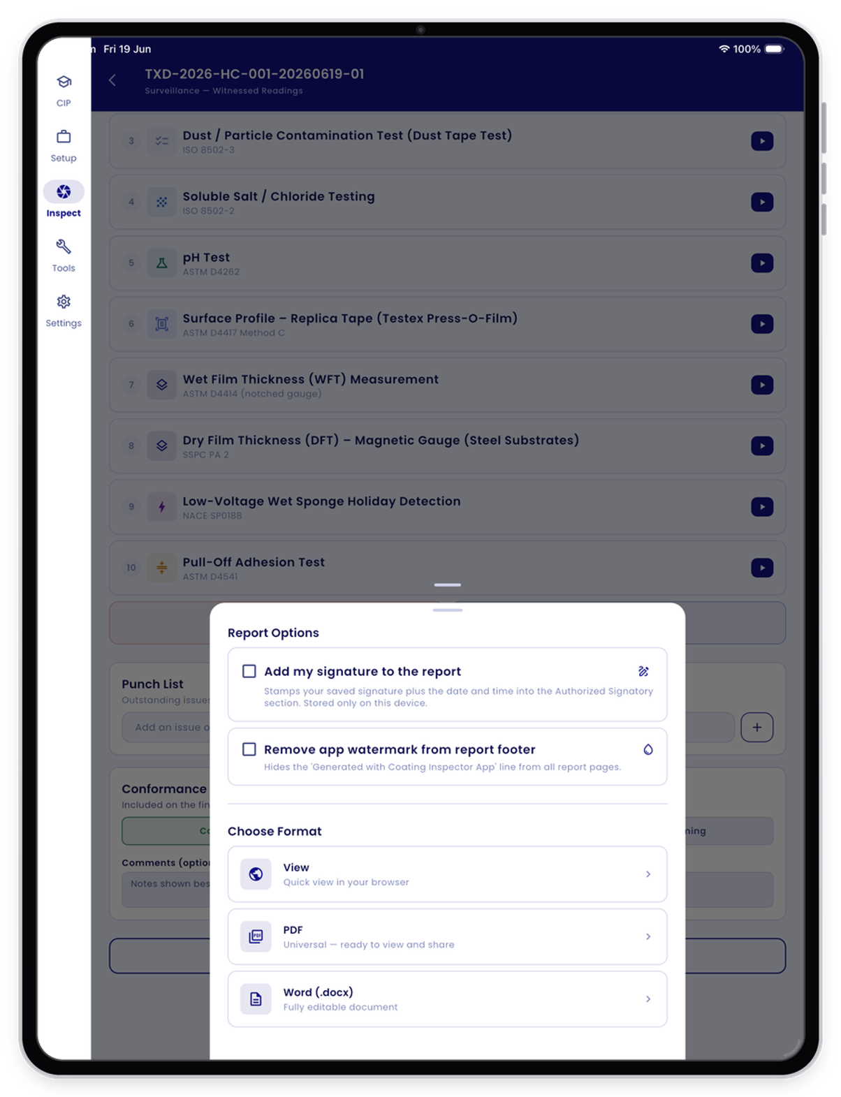 Export the inspection report
