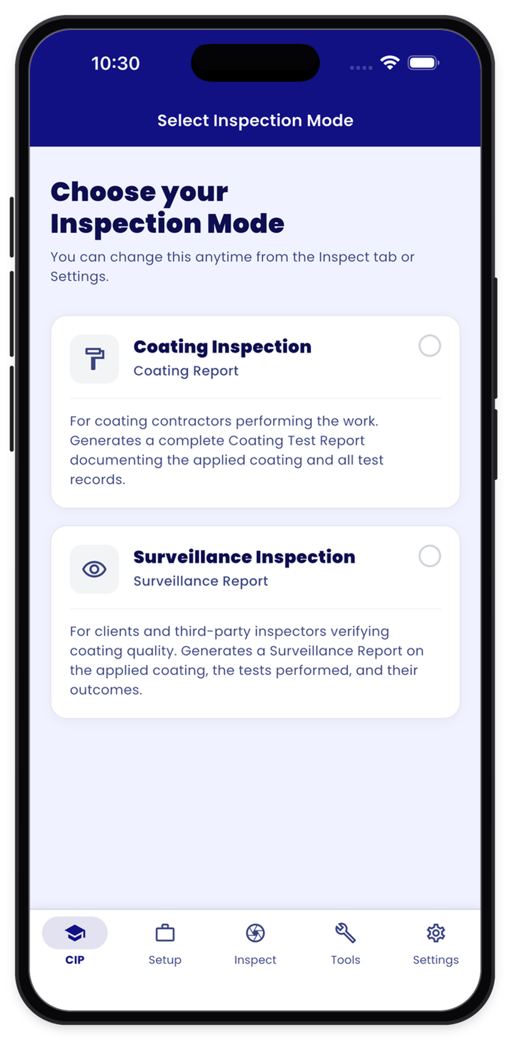 Inspection report modes