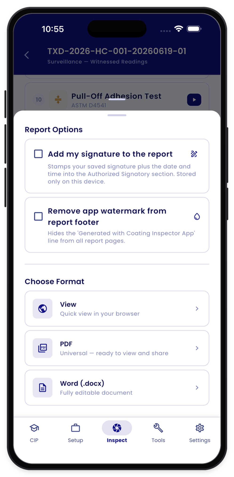 Export the inspection report